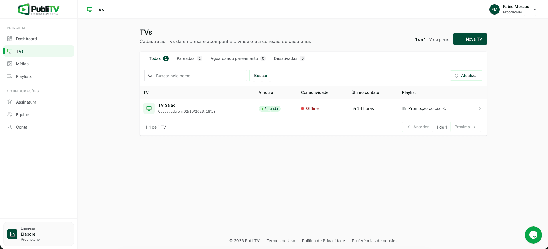 Cadastro de uma nova TV